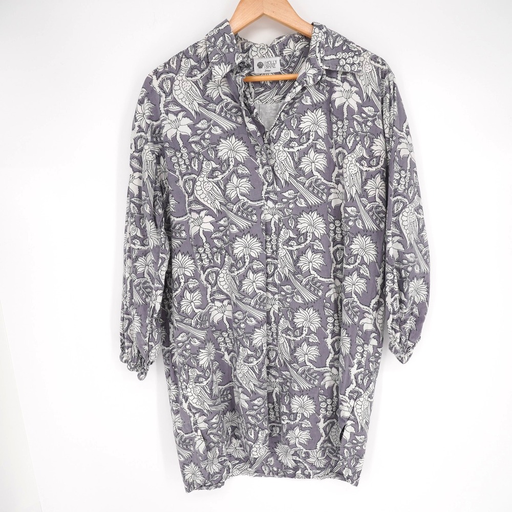 Holly Shae Shirt Womens OS Purple Bird Floral Button Up Cotton Tunic Top